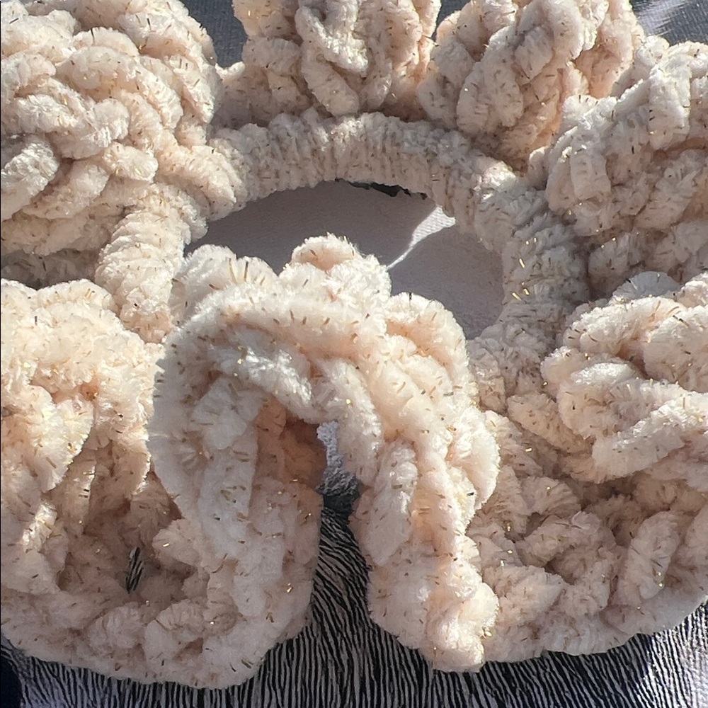 Elegant Cream with Gold Tinsel Crochet Hair Scrunchies - Picture 3 of 3